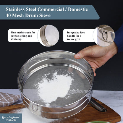 Buckingham Commercial Stainless Steel Premium 40 Mesh Drum Sieve.