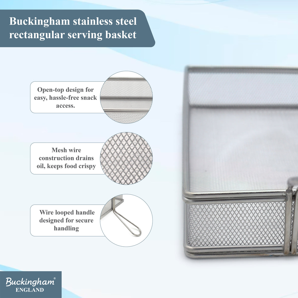 Buckingham Fine Mesh Rectangular Basket Strainer 34 x 10 x 4.5 cm