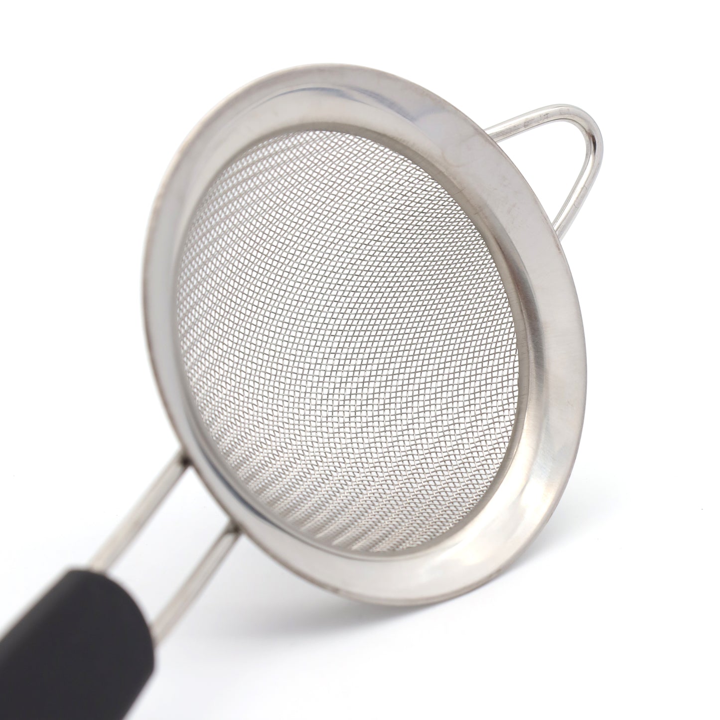 Buckingham Stainless Steel Fine Mesh/Sieve with Black Flat Handle – 8cm, 14cm, 20cm, and 26cm Sizes.