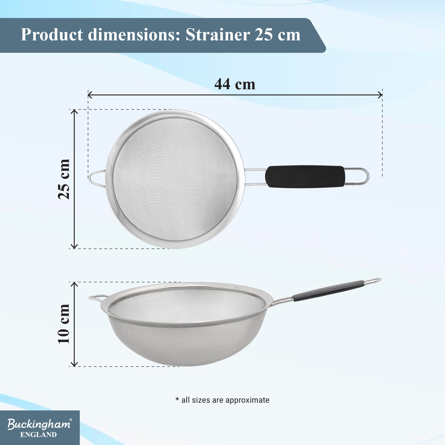 Buckingham Stainless Steel Fine Mesh Strainer with Black Handle
