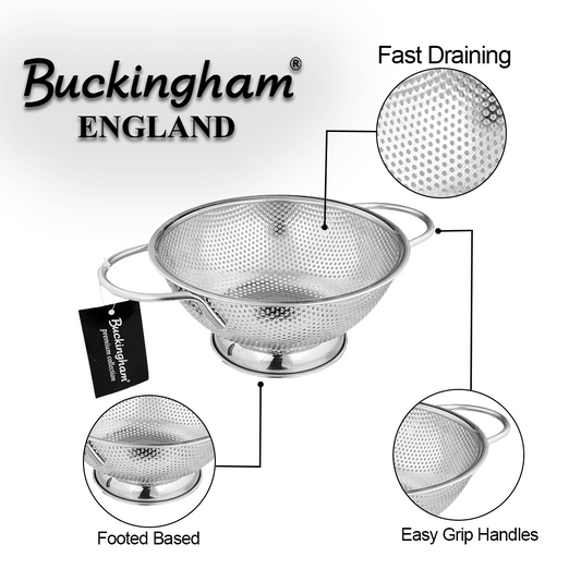 The Buckingham Micro-Perforated Stainless-Steel Colander Strainer is a versatile, premium-quality tool that enhances your kitchen experience, offering both functionality and aesthetic appeal.