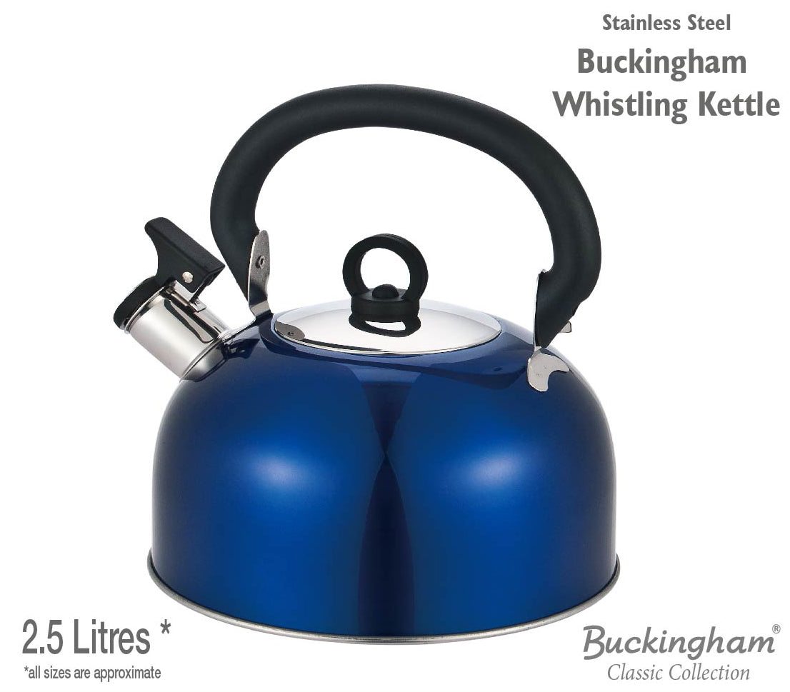 Buckingham Colour Coated Stainless Steel Camping Whistling Kettle with Heat Resistant Phenolic Handle.