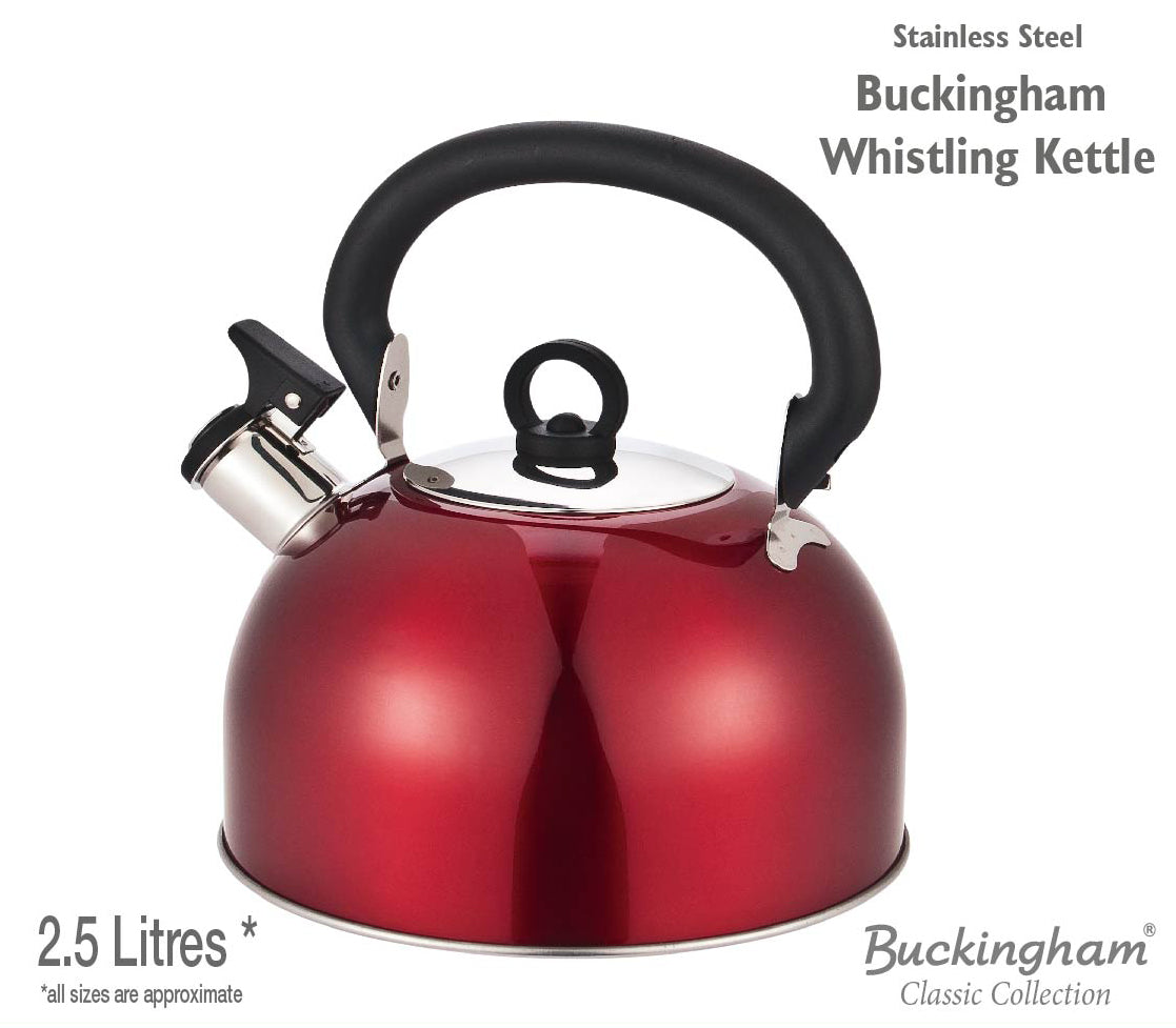 Buckingham Colour Coated Stainless Steel Camping Whistling Kettle with Heat Resistant Phenolic Handle.