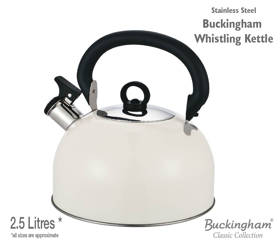 Buckingham Colour Coated Stainless Steel Camping Whistling Kettle with Heat Resistant Phenolic Handle.