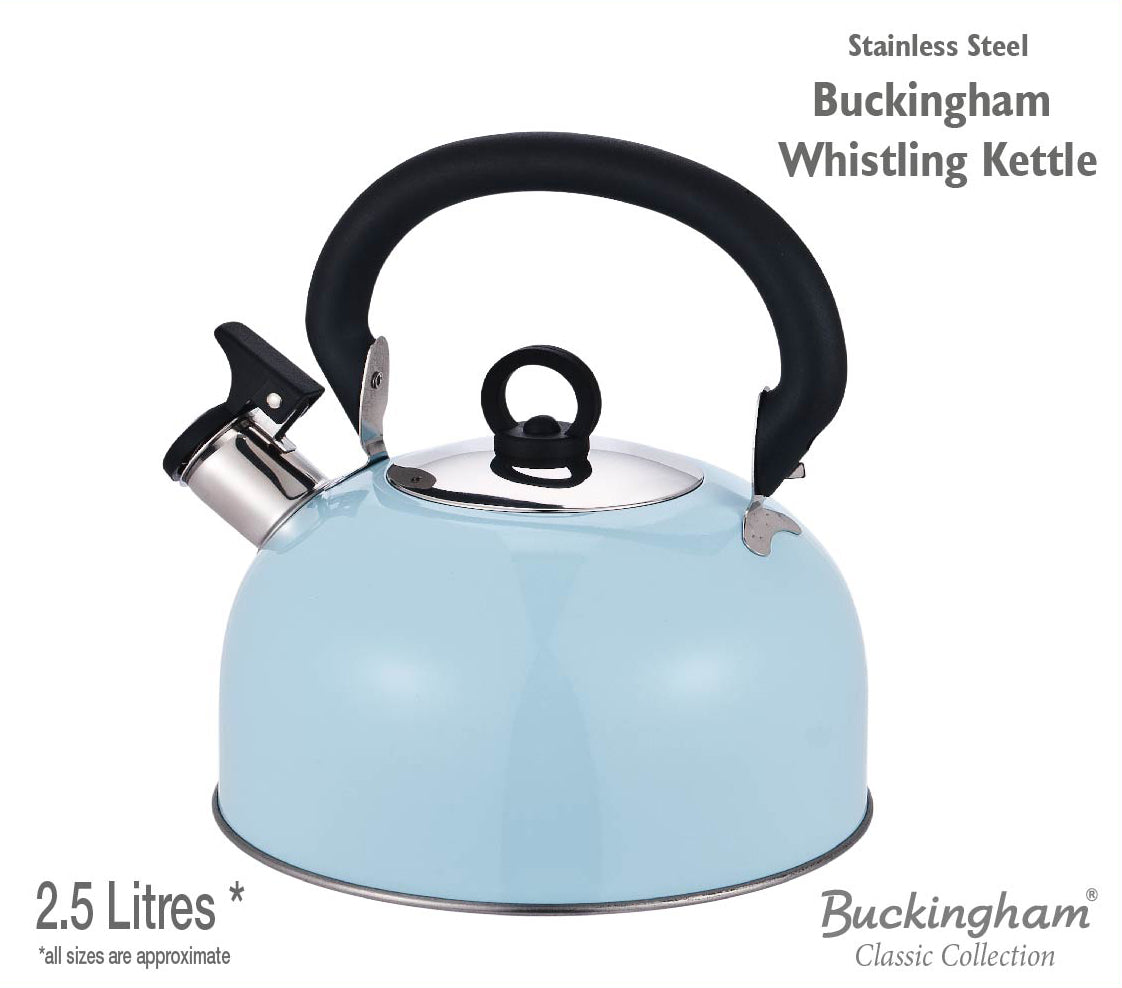 Buckingham Colour Coated Stainless Steel Camping Whistling Kettle with Heat Resistant Phenolic Handle.