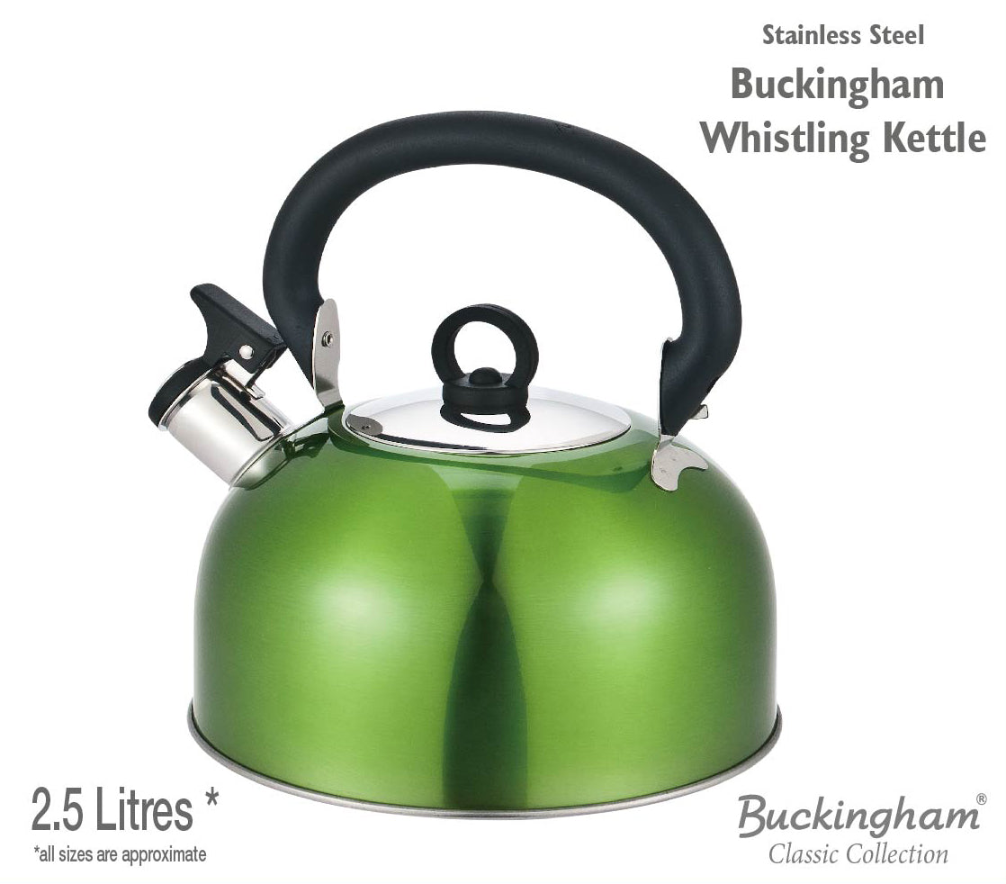 Buckingham Colour Coated Stainless Steel Camping Whistling Kettle with Heat Resistant Phenolic Handle.