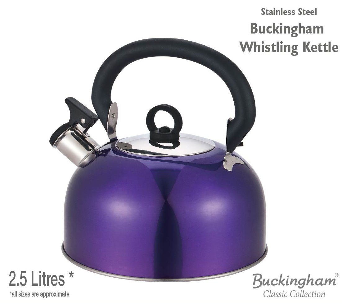 Buckingham Colour Coated Stainless Steel Camping Whistling Kettle with Heat Resistant Phenolic Handle.