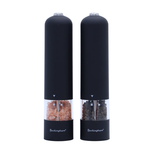 Buckingham Electric Salt & Pepper Grinder Set Ceramic Grinder Matt Black Soft-Touch, Push Button Operation, Battery Powered, Adjustable Coarseness