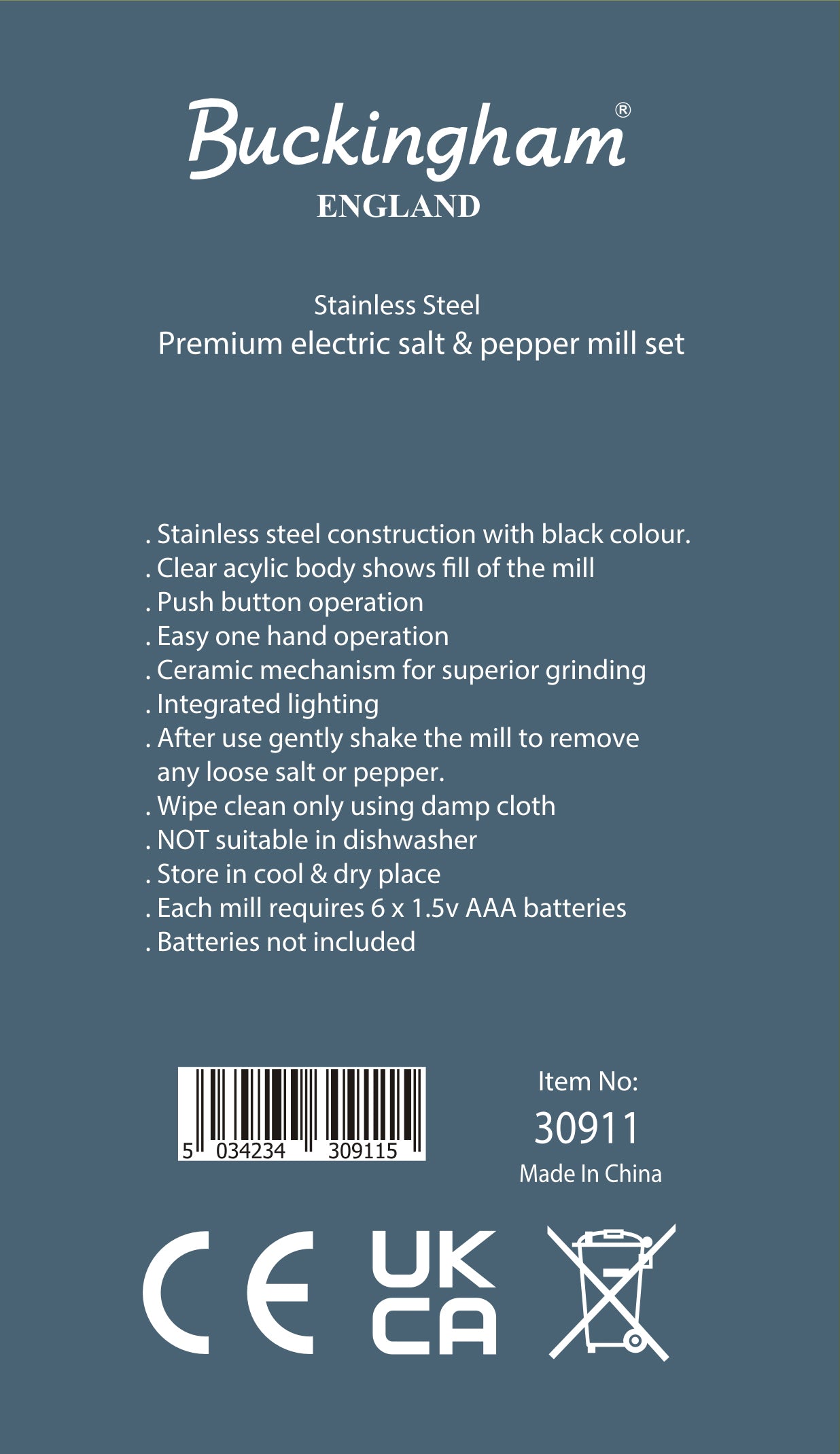 Buckingham Stainless Steel Premium Electric Salt and Pepper Mills, Battery Operated with Black Adjustable Ceramic Grinders, Black and Chrome