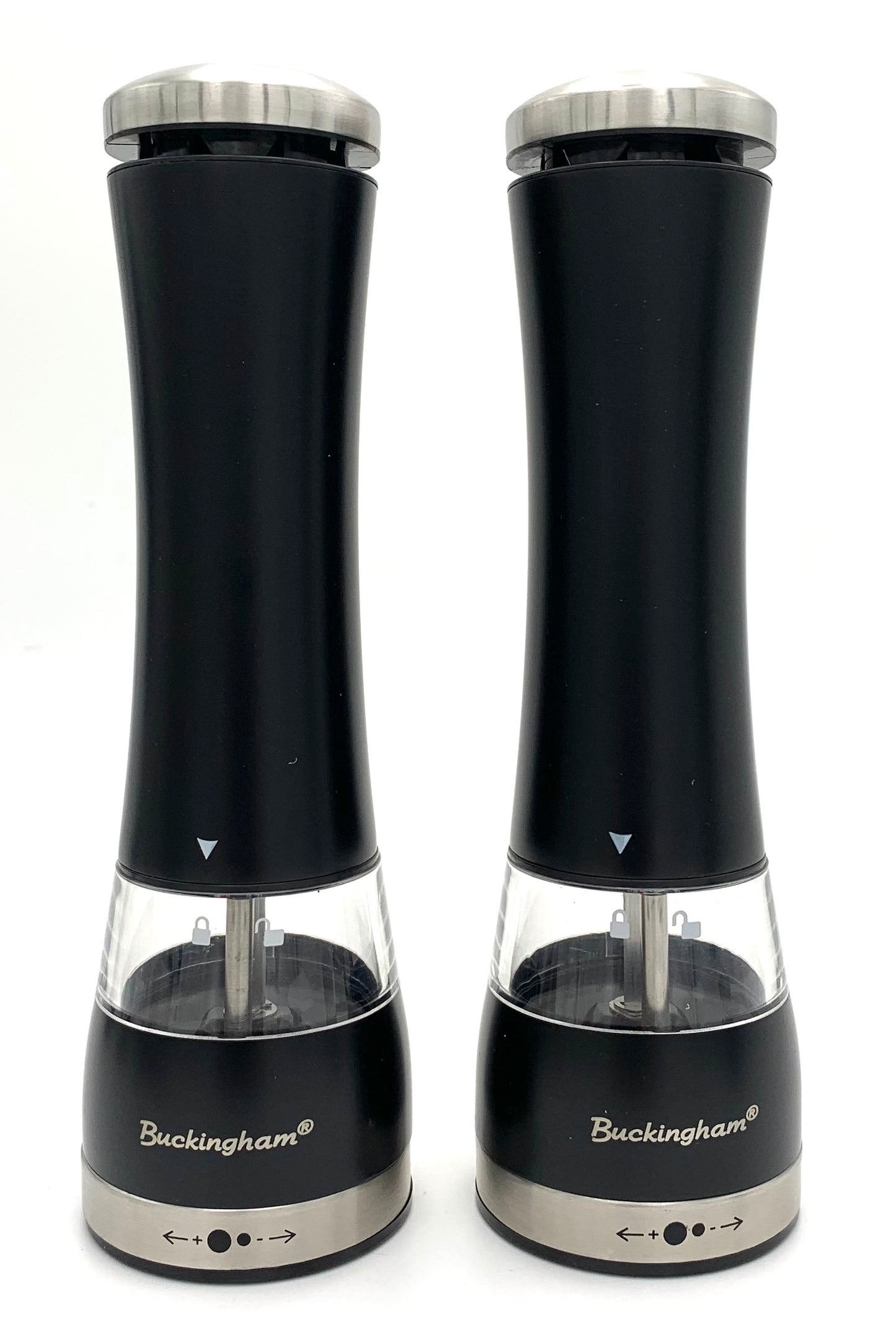 Buckingham Stainless Steel Premium Electric Salt and Pepper Mills, Battery Operated with Black Adjustable Ceramic Grinders, Black and Chrome