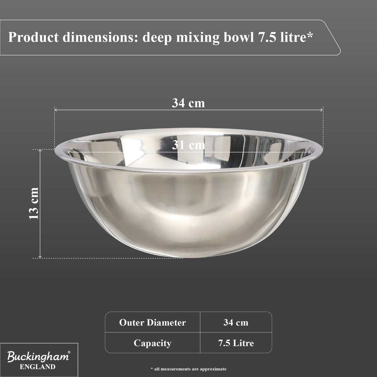 Buckingham Stainless Steel Deep Mixing Bowl 34 cm