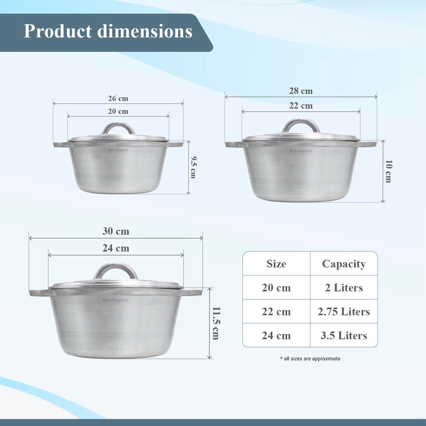 Buckingham Aluminium Set of 3 Dutch Pots Casseroles