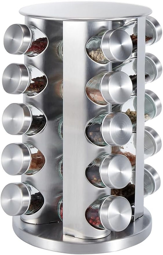 Buckingham 30922 Stainless Steel Rotating Rack Free Standing Organizer for Kitchen Seasonings | Erasable Labels with Marker | Space-Saving Spice Storage(20 Jars)