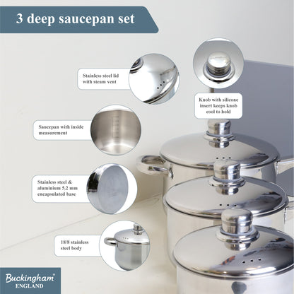 Buckingham 3 Piece Deep Stainless Steel Saucepan Set with Lid