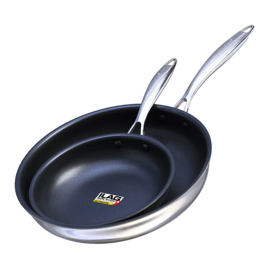 Buckingham Tri-Ply 18/8 SS Set of 2 Frying Pans 20 & 28 cm, ultimate ILAG non-stick coating.