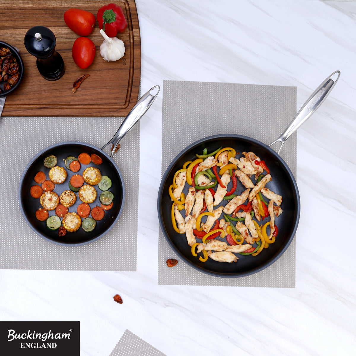 Buckingham Tri-Ply 18/8 SS Set of 2 Frying Pans 20 & 28 cm, ultimate ILAG non-stick coating.