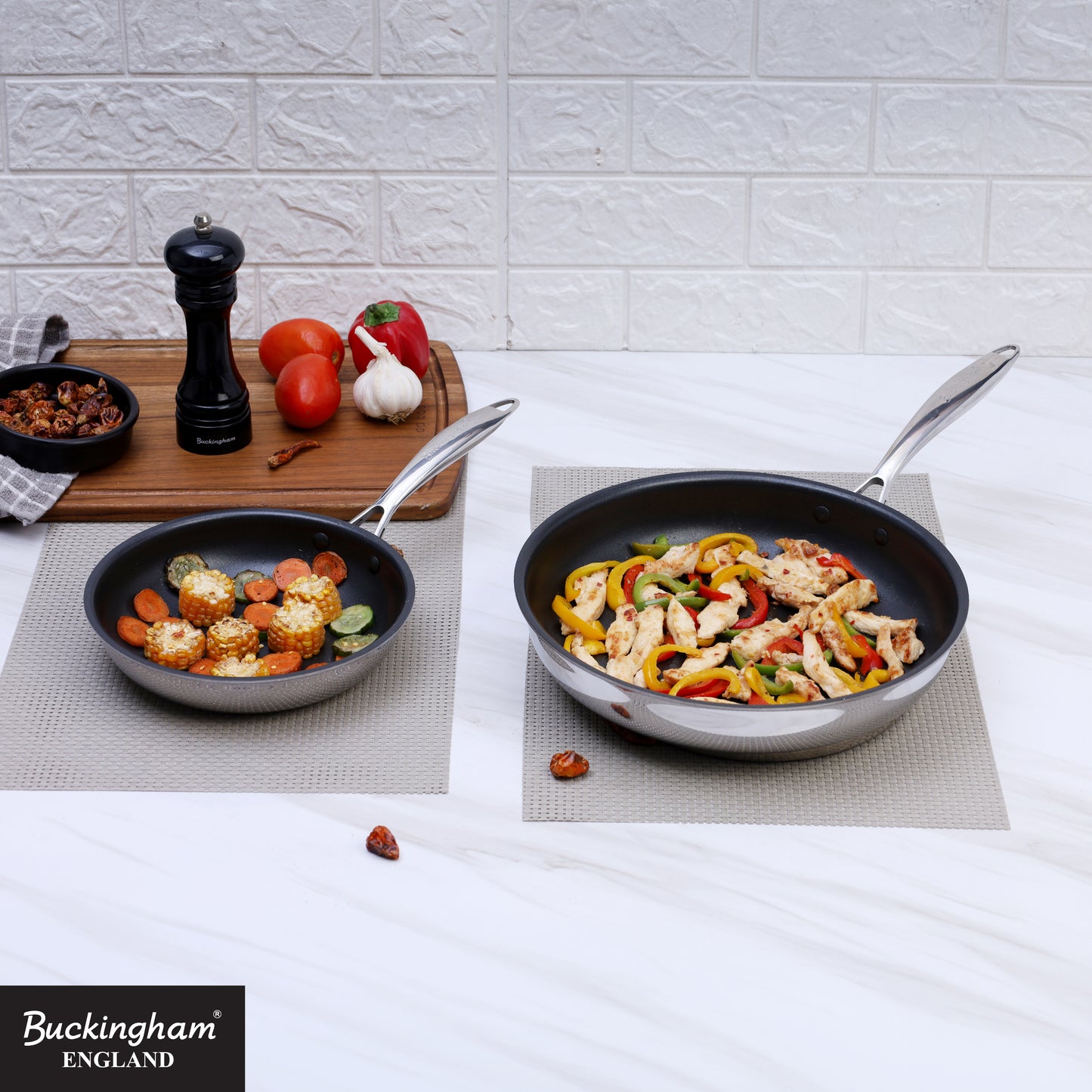 Buckingham Tri-Ply 18/8 SS Set of 2 Frying Pans 20 & 28 cm, ultimate ILAG non-stick coating.