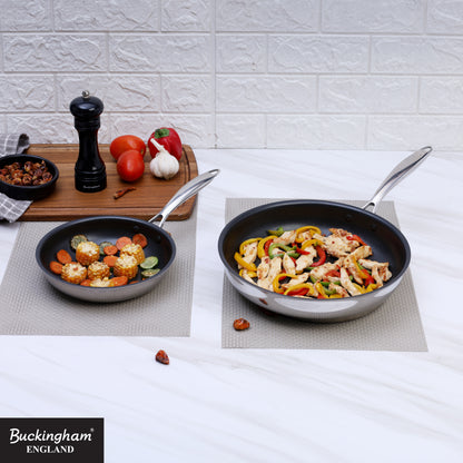 Buckingham Tri-Ply 18/8 SS Set of 2 Frying Pans 20 & 28 cm, ultimate ILAG non-stick coating.