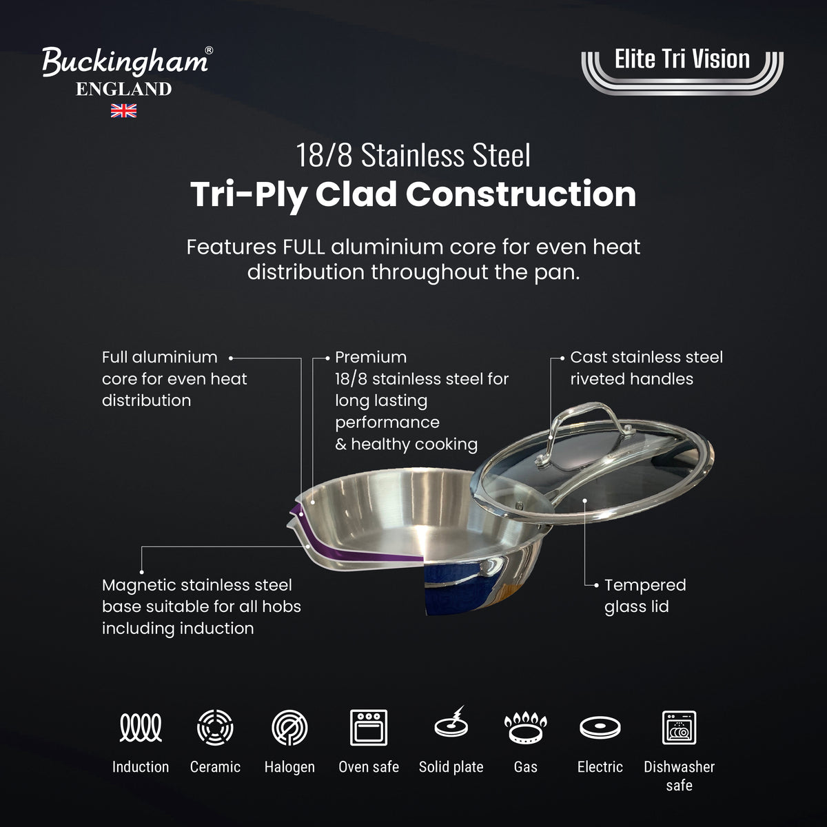 Buckingham Elite Tri-ply 18/8 Stainless Steel Sauté Pan