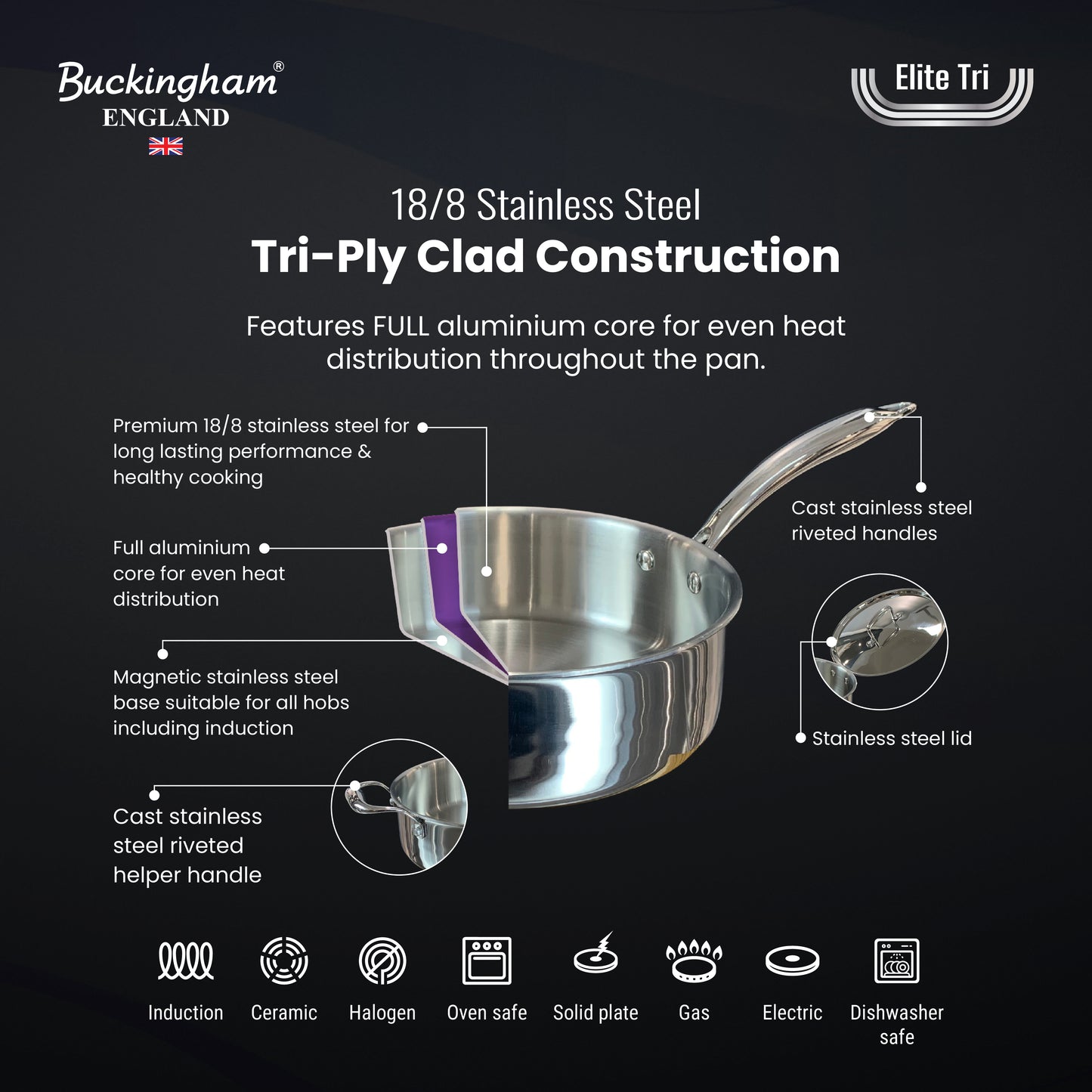 Buckingham Elite Tri-ply 18/8 Stainless Steel Saute pans
