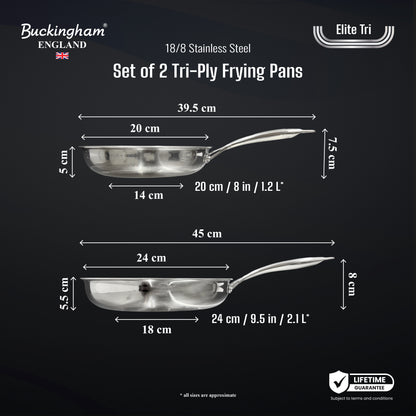 Buckingham Elite-Tri-ply 18/8 Stainless Steel Frying Pan set of 2, 20 cm and 24 cm Uncoated