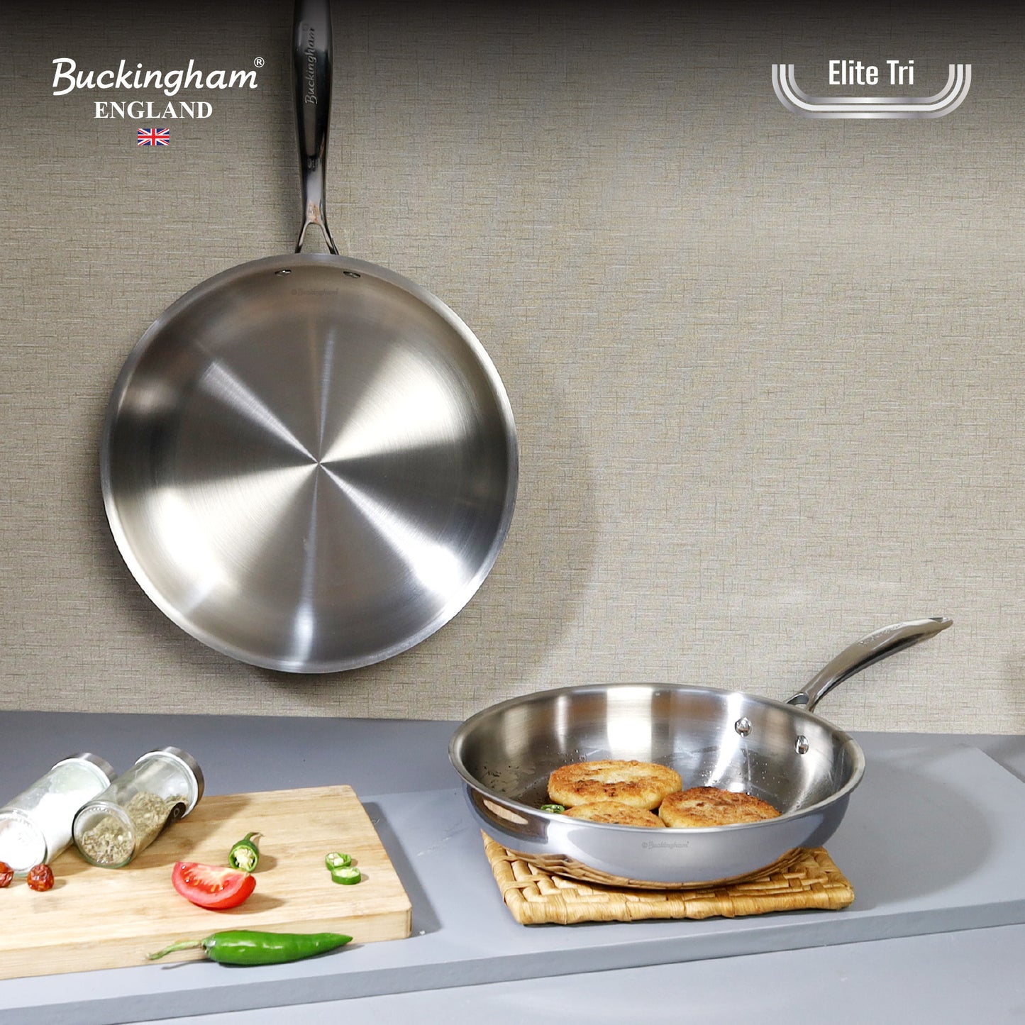 Buckingham Elite-Tri-ply 18/8 Stainless Steel Frying Pan set of 2, 20 cm and 24 cm Uncoated
