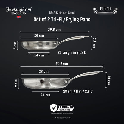 Buckingham Elite-Tri-ply 18/8 Stainless Steel Frying Pan set of 2, 20 cm and 28 cm Uncoated