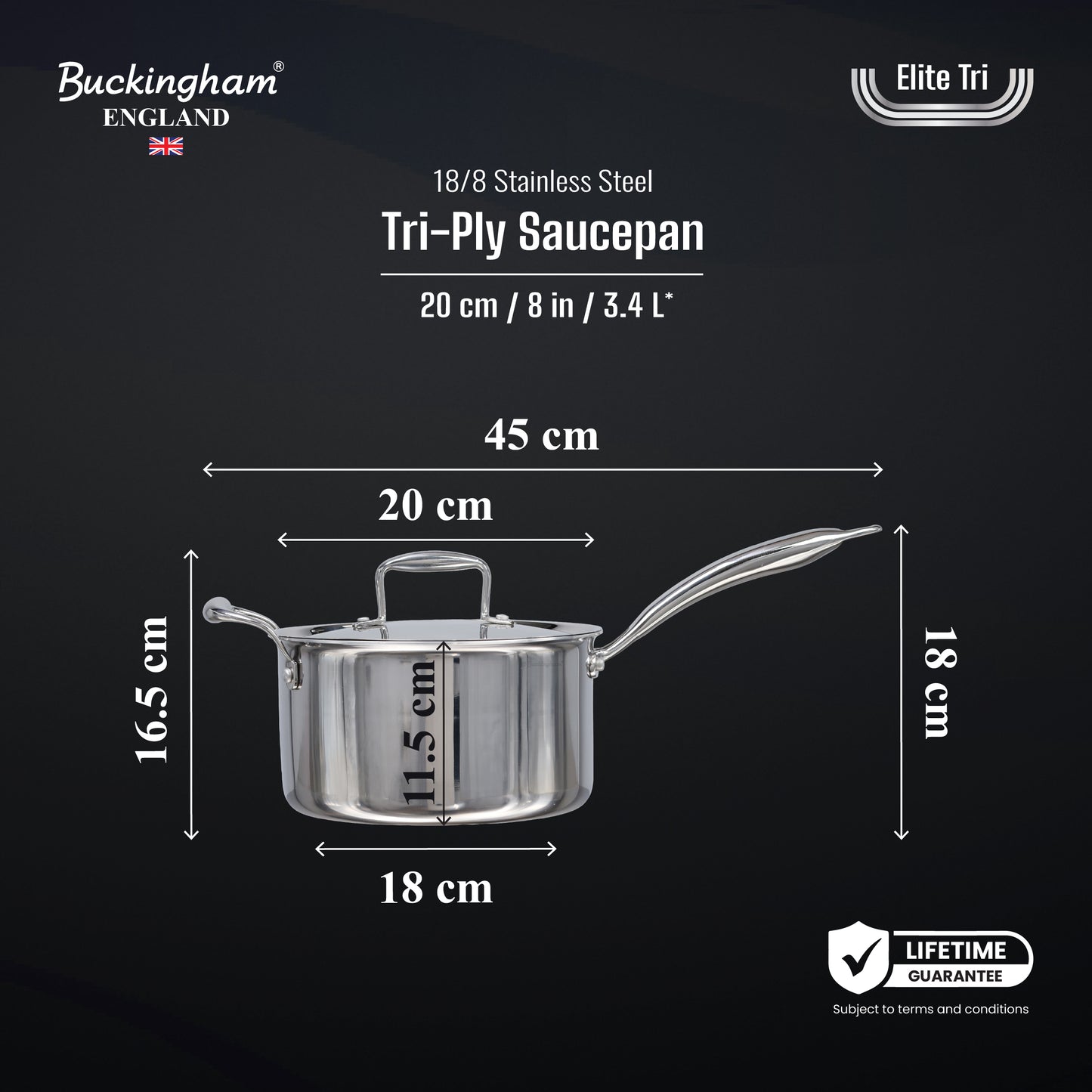 Buckingham Elite Tri 18/8 Stainless Steel Deep Saucepan with Helper Handle  20 cm