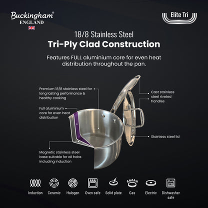 Buckingham Elite Tri 18/8 Stainless Steel Deep Saucepan with Helper Handle  20 cm