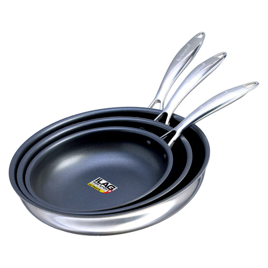 Buckingham Tri-Ply 18/8 SS Set of 3 Frying Pans 20, 24 & 28 cm, ultimate ILAG non-stick coating.