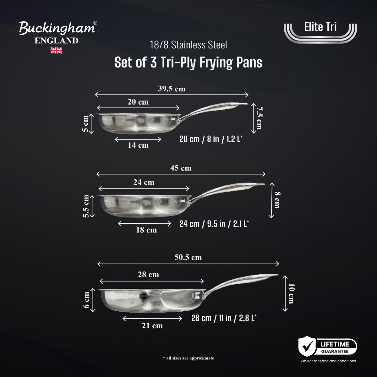 Buckingham Tri-Ply 18/8 SS Set of 3 Frying Pans 20, 24 & 28 cm, ultimate ILAG non-stick coating.