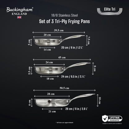 Buckingham Tri-Ply 18/8 SS Set of 3 Frying Pans 20, 24 & 28 cm, ultimate ILAG non-stick coating.