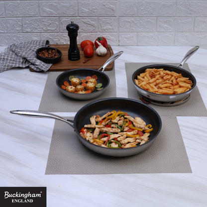 Buckingham Tri-Ply 18/8 SS Set of 3 Frying Pans 20, 24 & 28 cm, ultimate ILAG non-stick coating.