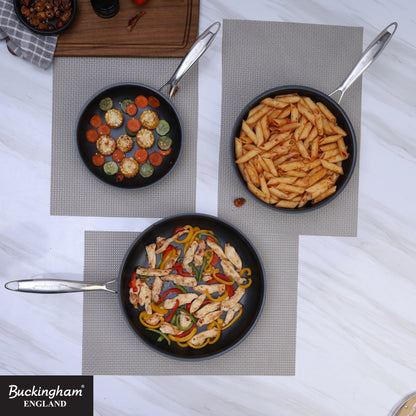 Buckingham Tri-Ply 18/8 SS Set of 3 Frying Pans 20, 24 & 28 cm, ultimate ILAG non-stick coating.