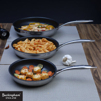 Buckingham Tri-Ply 18/8 SS Set of 3 Frying Pans 20, 24 & 28 cm, ultimate ILAG non-stick coating.