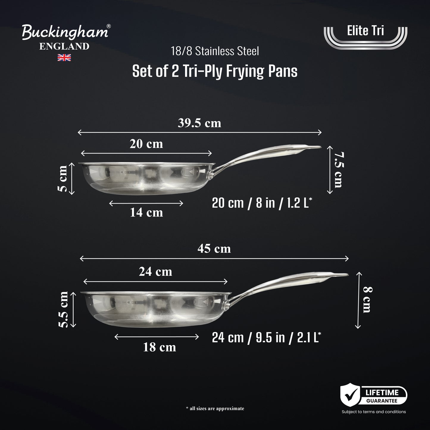 Buckingham Tri-Ply 18/8 SS Set of 2 Frying Pans 20 & 24 cm, ultimate ILAG non-stick coating.