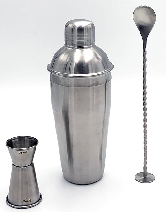 Buckingham Stainless Steel 3 pc Bar Set Cocktail Shaker, Measure Peg, Spoon, Matt Finish