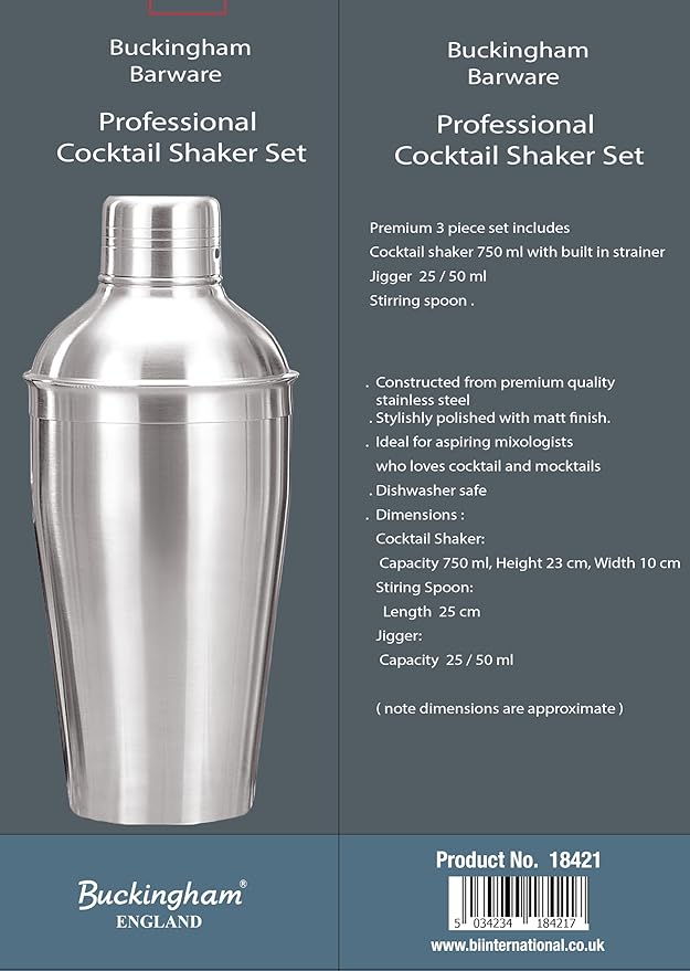 Buckingham Stainless Steel 3 pc Bar Set Cocktail Shaker, Measure Peg, Spoon, Matt Finish