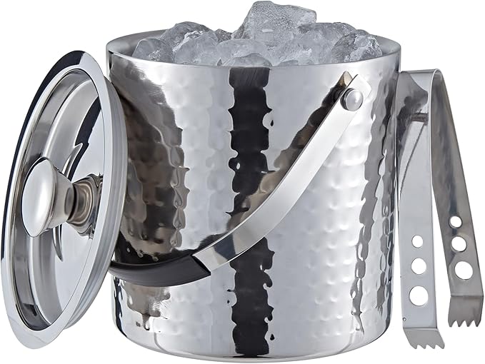 Buckingham Double Wall Stainless Steel Ice Bucket 2.3 L with Lid and Ice Tong for Home, Restaurant, BBQ, Clubs, Parties Premium Quality (Hammered Effect)