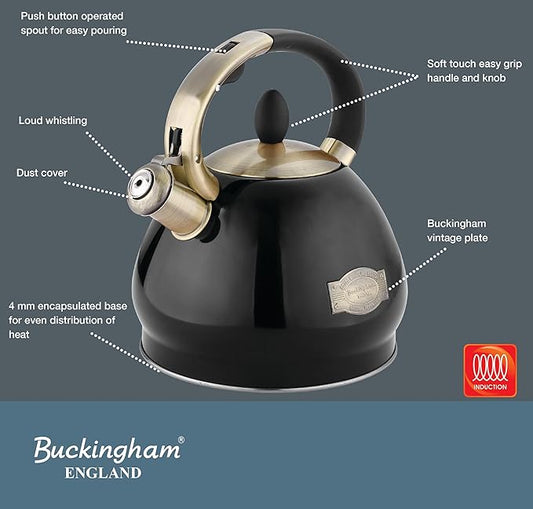 Buckingham Stovetop Retro Matt Black Whistling Kettle Induction Compatible Antique Black Stainless Steel Fast Boiling 3.4 L Capacity