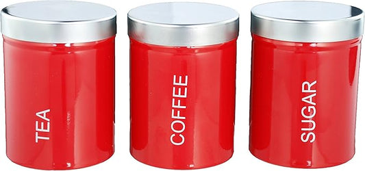 Buckingham 3-Piece Kitchen Storage Canisters Jar Ideal for Tea Coffee and Sugar, Stainless Steel, Red, 10 cm