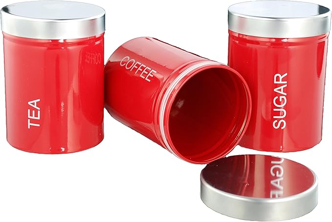 Buckingham 3-Piece Kitchen Storage Canisters Jar Ideal for Tea Coffee and Sugar, Stainless Steel, Red, 10 cm