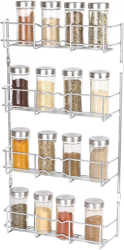 Buckingham 1 to 4 Tier Chrome Back of Cupboard Door Spice Jar and Packet Rack - Wall Mounted Shelf Organiser Narrow Doors Premium Quality