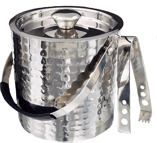 Buckingham Double Wall Stainless Steel Ice Bucket 2.3 L with Lid and Ice Tong for Home, Restaurant, BBQ, Clubs, Parties Premium Quality (Hammered Effect)