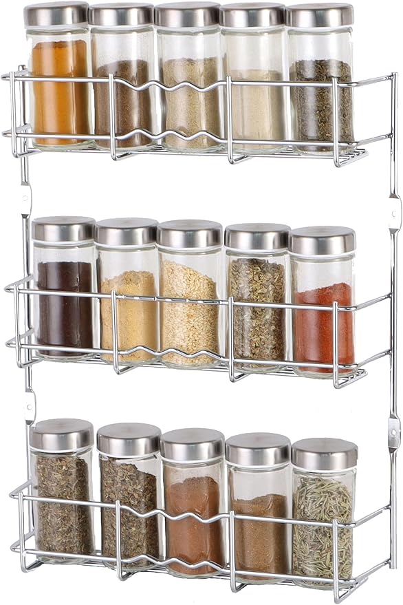 Buckingham 1 to 4 Tier Chrome Back of Cupboard Door Spice Jar and Packet Rack - Wall Mounted Shelf Organiser Narrow Doors Premium Quality