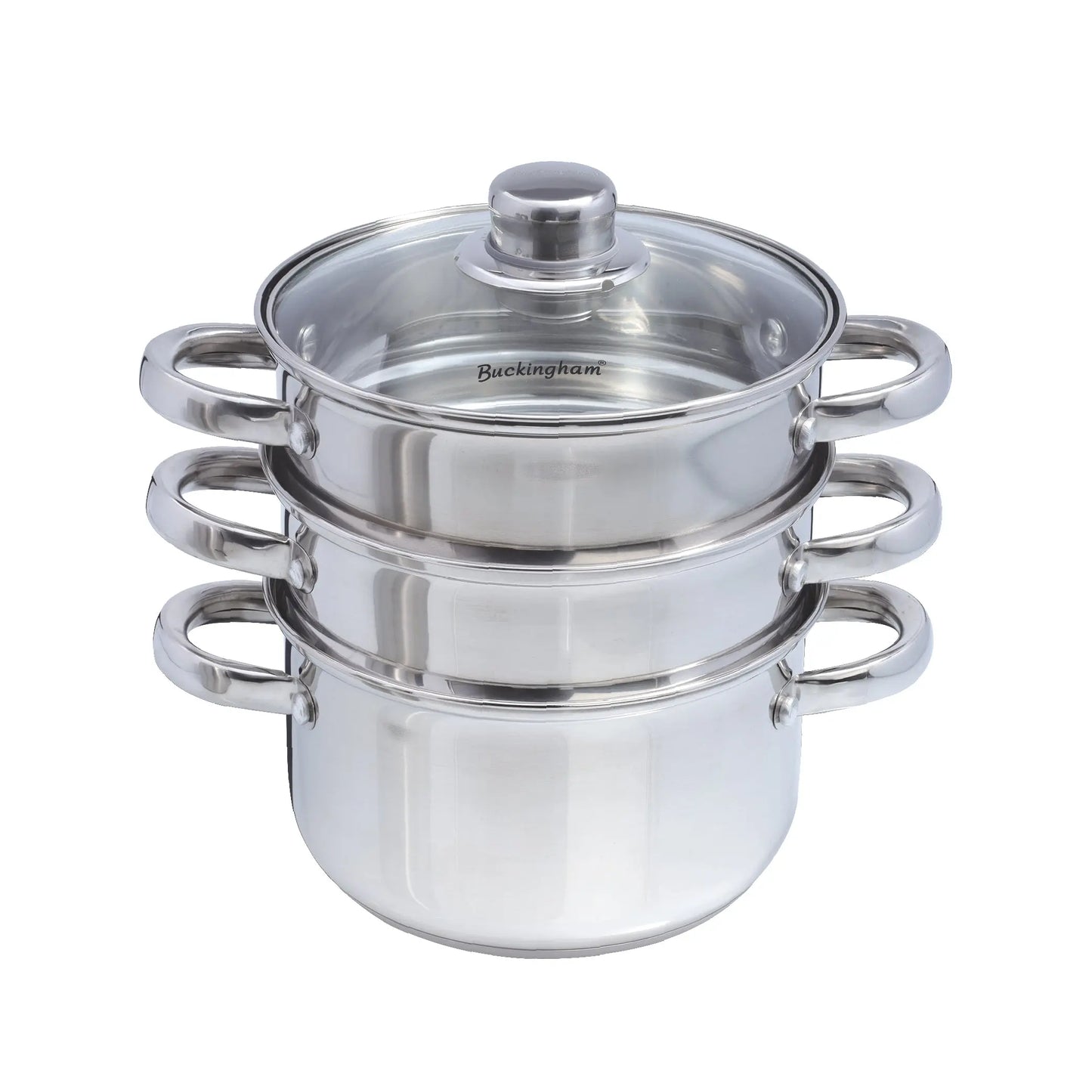 Buckingham 3 Tier Stainless Steel Steamer Set with Glass Lid Polished Mirror Finish Stainless Steel Ideal for Steamer Cooking Induction Compatible Buckingham Cookware UK