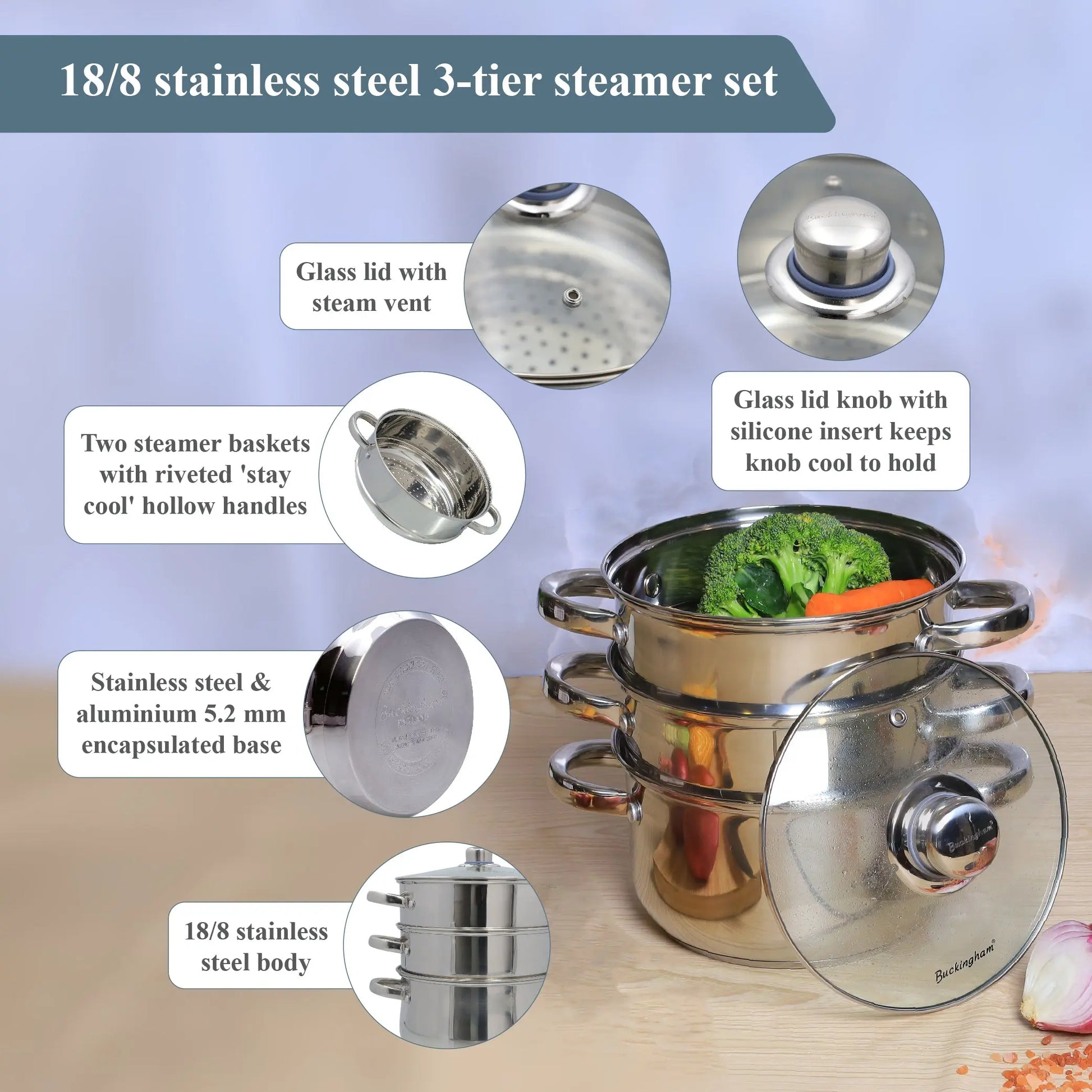 Buckingham 3 Tier Stainless Steel Steamer Set with Glass Lid Polished Mirror Finish Stainless Steel Ideal for Steamer Cooking Induction Compatible Buckingham Cookware UK