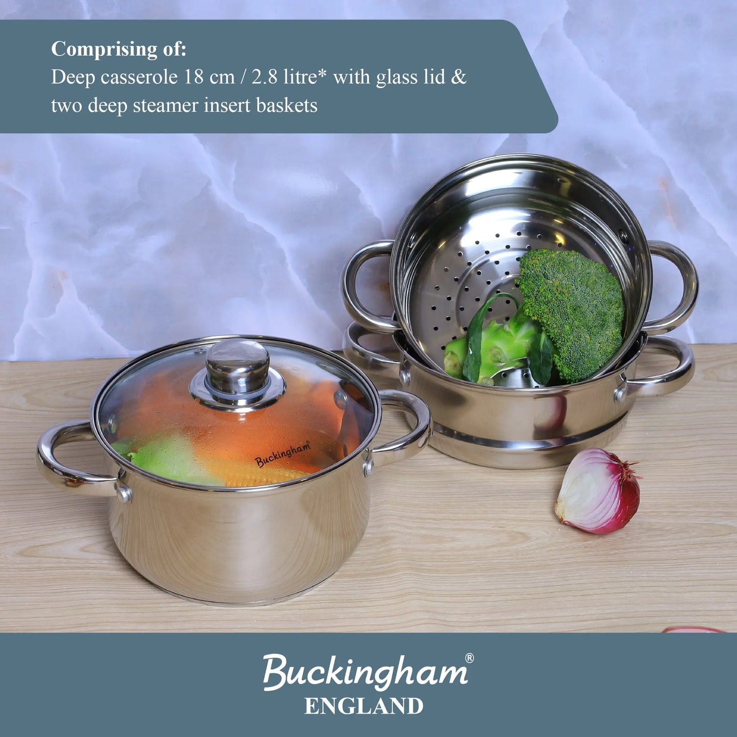 Buckingham 3 Tier Stainless Steel Steamer Set with Glass Lid Polished Mirror Finish Stainless Steel Ideal for Steamer Cooking Induction Compatible Buckingham Cookware UK