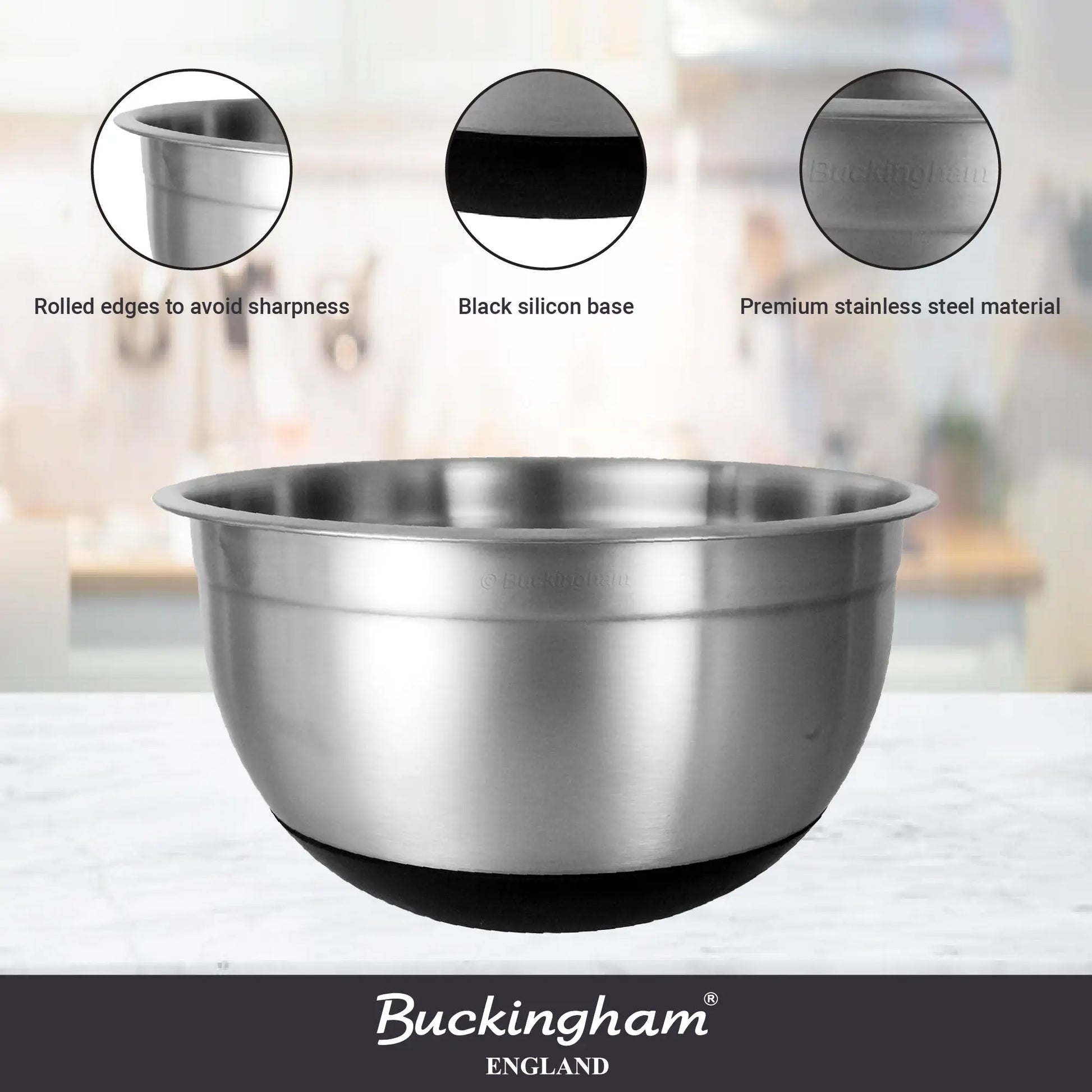 Buckingham 5 Litre Stainless Steel Bowls Designer Salad Mixing Bowl with Silicon Base, Silver Buckingham Buckingham Cookware UK