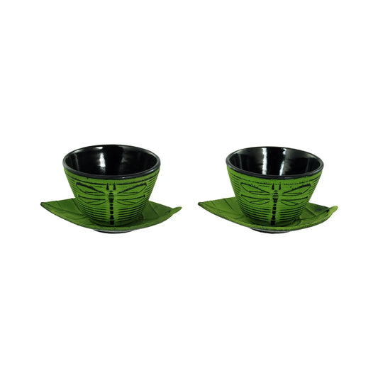 Buckingham Cast Iron Japanese Hob Nail Style 4 Piece Tea Cup and Saucer Set, Dragonfly Green Buckingham